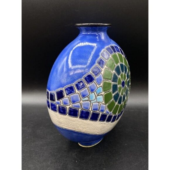 Eduardo Vega Artesa Girasol Azul Round 8” Vase Ecuador Green Blue Colors - Picture 5 of 10